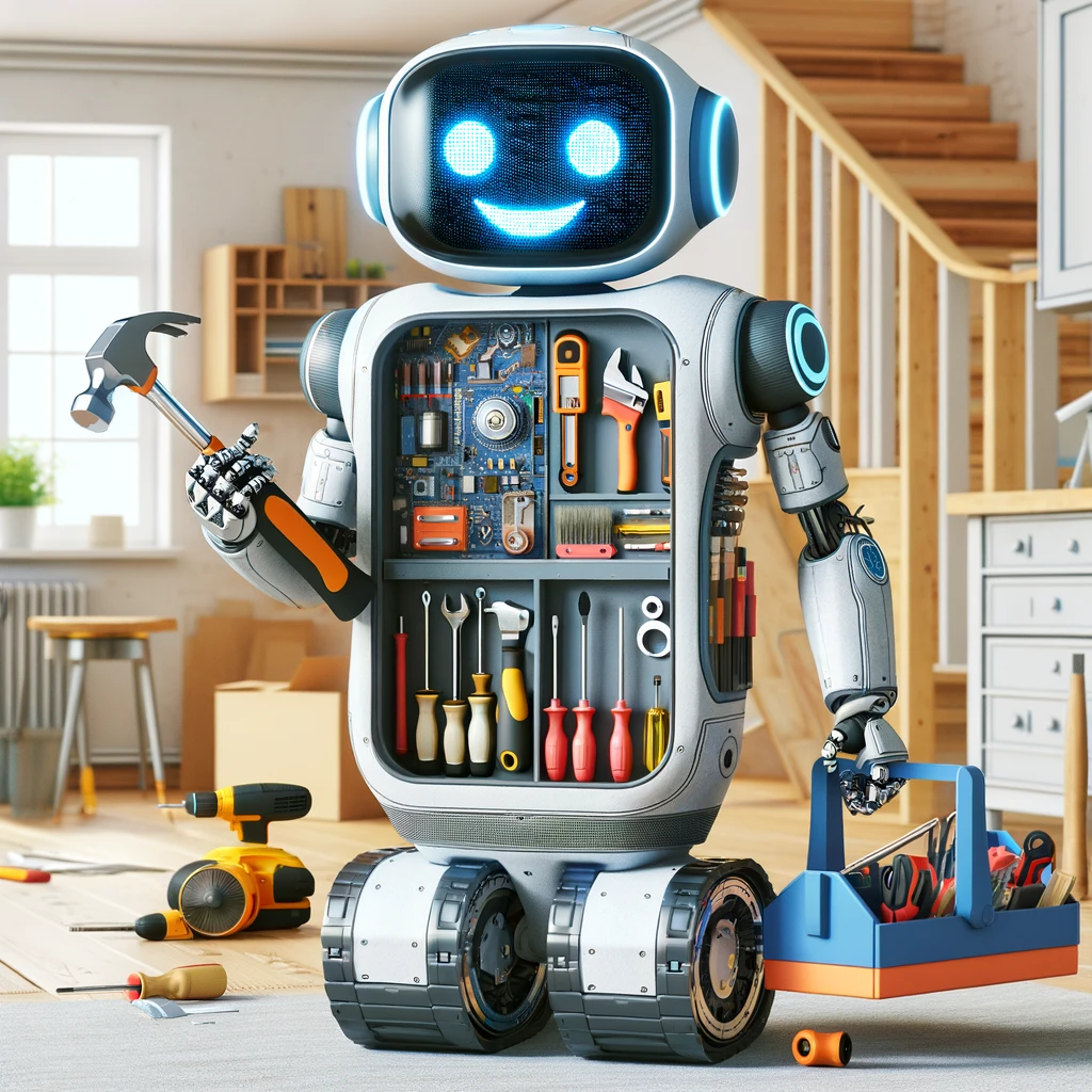 AI handyman robot equipped with tools for home repairs, featuring a friendly screen face, holding a hammer and screwdriver, surrounded by DIY project tools.