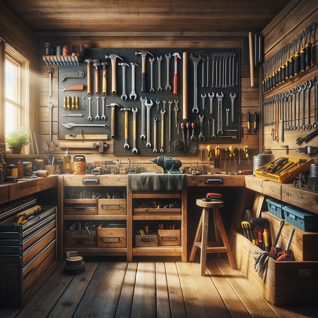 Organized tool shed for home maintenance, featuring tools for repairs, renovations, HVAC servicing, plumbing, and gardening, emphasizing property upkeep.