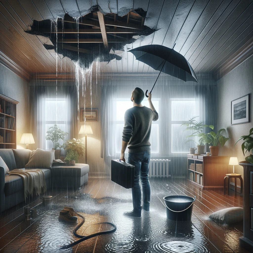 Homeowner inspects ceiling leak, indicating water damage and the need for roof repair, leak detection, and addressing mold, amidst storm damage.
